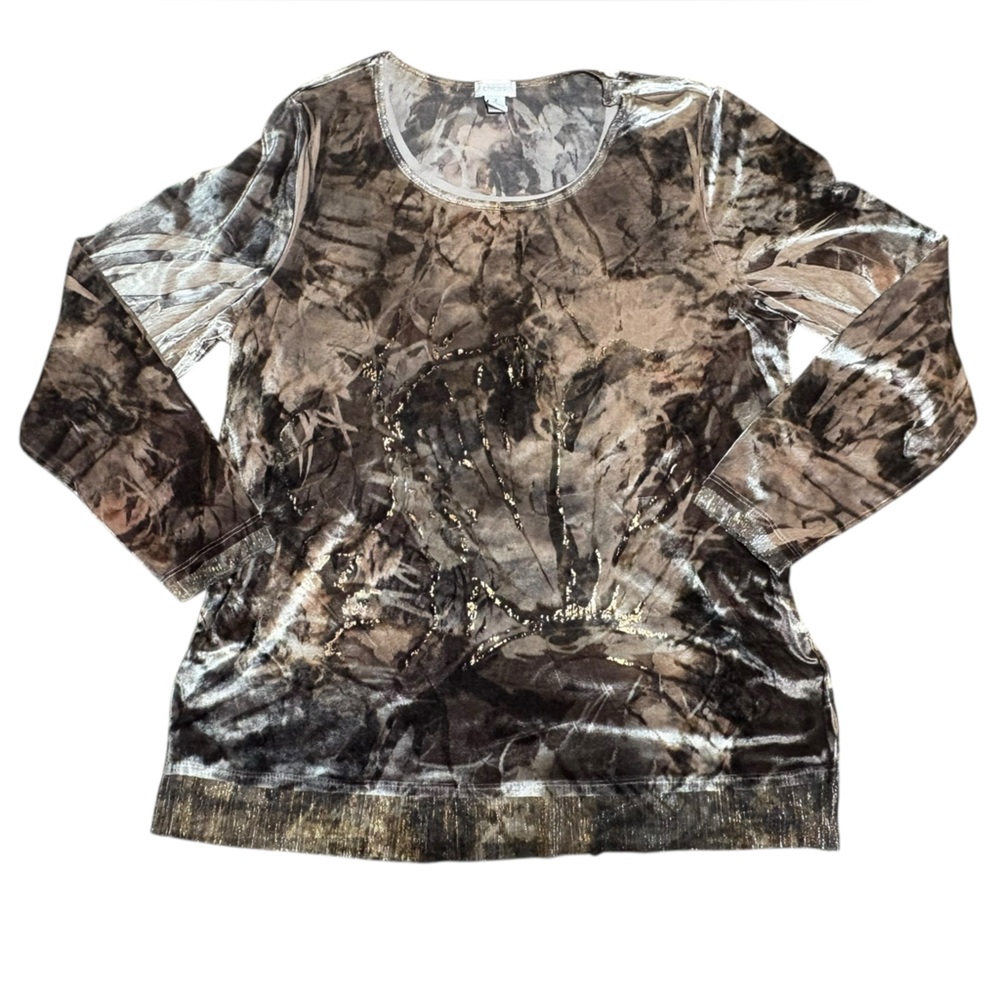 Chico's Multicolor Velvet Blouse Tunic Soft Metallic Olive Green Cream 3 - Picture 2 of 7